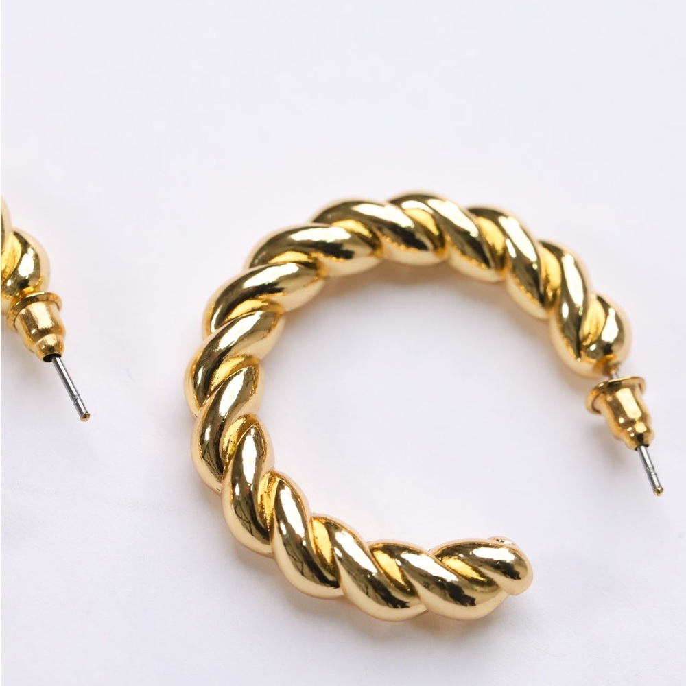 New Chunky 18k Gold Plated Sterling Silver Twisted Push Back Lux Hoop Earrings - Picture 15 of 17